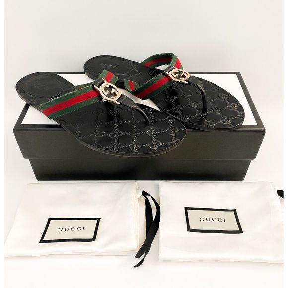 Gucci Shoes - Gucci GG Web Stripe Flip Flop Sandal Black EU 39 US Women's 9 Flat Logo